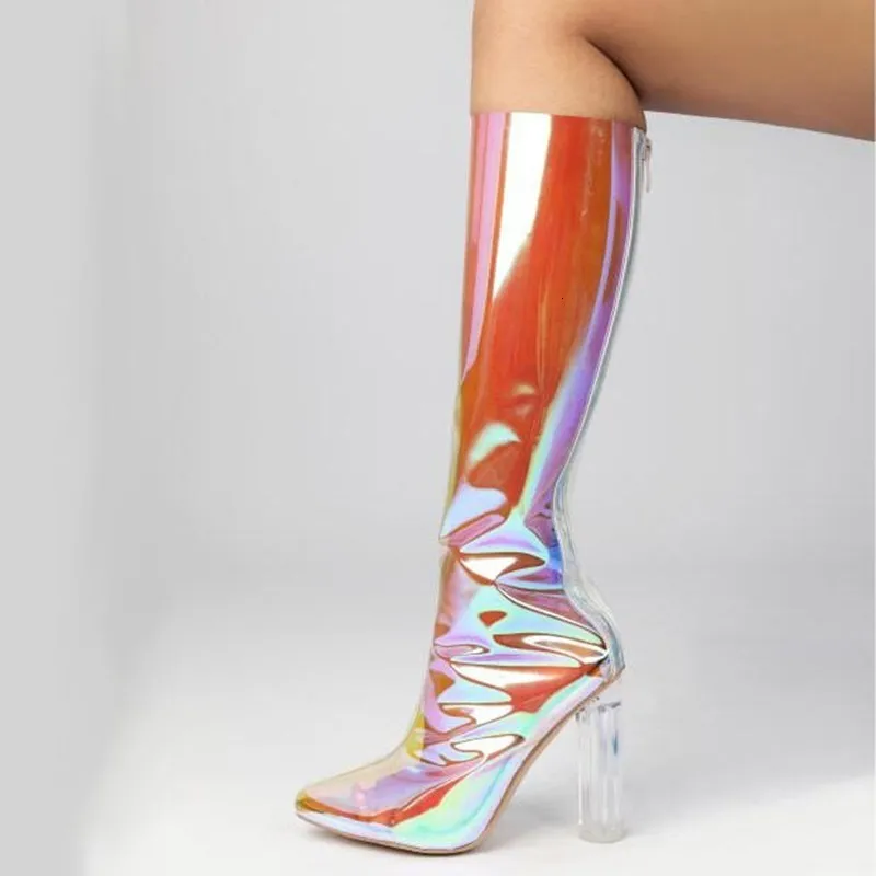 Boots Iridescent PVC y Heels Knee High Pointed Toe Clear Transparent Block Back Zipper Modern Long Size47 230911