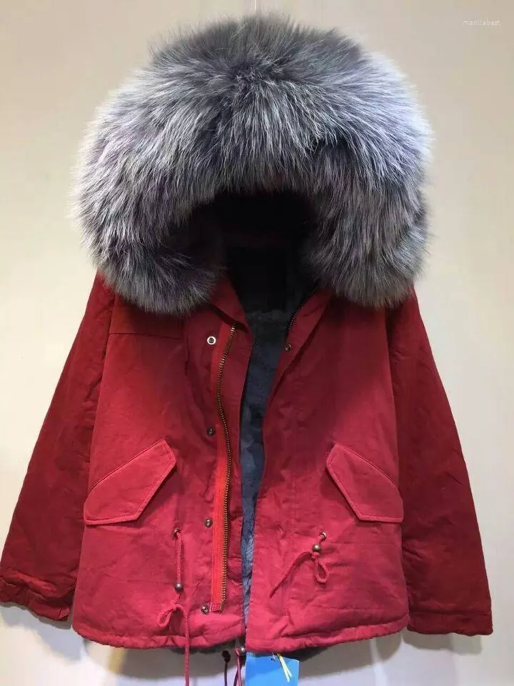 Women's Fur Customized Red Parka Real Raccoon Collar & Grey Rex Inside Jacket Unisex Faux Lining Coats