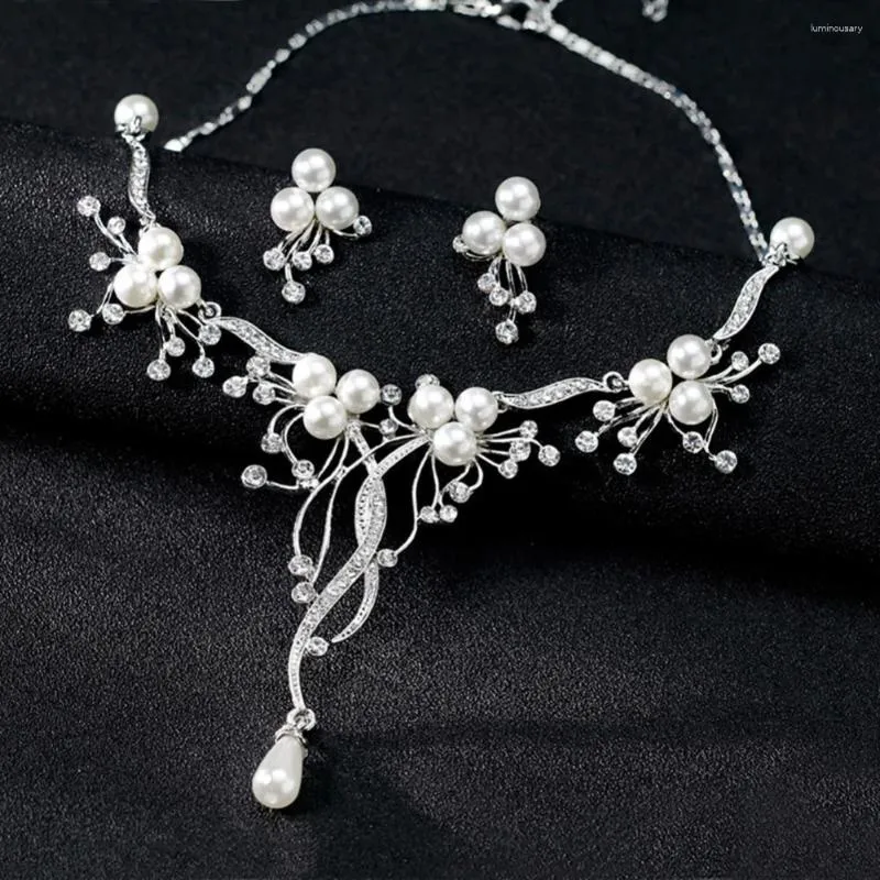 Collana Orecchini Set Strass Perle finte Fiore Donna Gioielli da sposa Chic