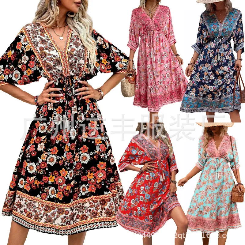 Boho yaz vintage çiçek baskısı papyon elbisesi kadınlar moda tatil v yaka kat uzunluğu plaj elbiseleri vestidos de verano 210508