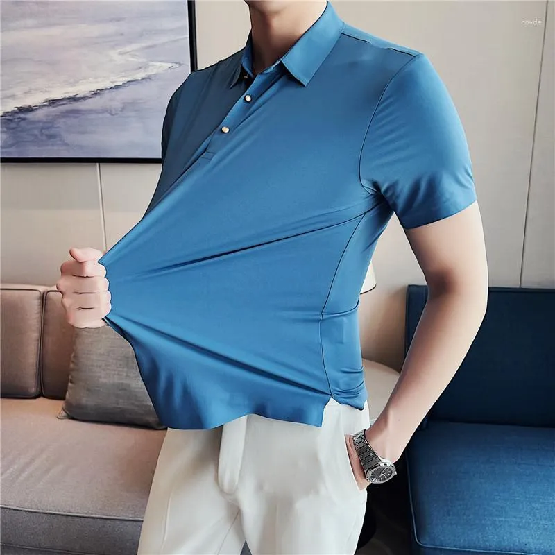 Polo da uomo alta elasticità senza cuciture polo da uomo manica corta sottile seta ghiaccio slim maglietta casual sociale bavero tee top abbigliamento da ufficio