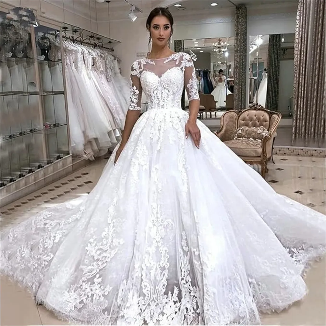 Robe De mariée princesse Illusion manches longues robes De mariée florales balayage Train Tulle Robe De Mariage jardin grande taille mariée robes De Noiva sur mesure