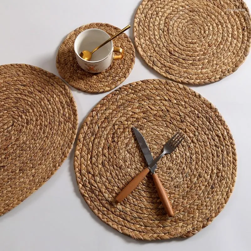 Table Mats Handmade Weave Non-slip Placemat Water Hyacinth Straw Braided Round Insulation Pads Home Decor Accessories