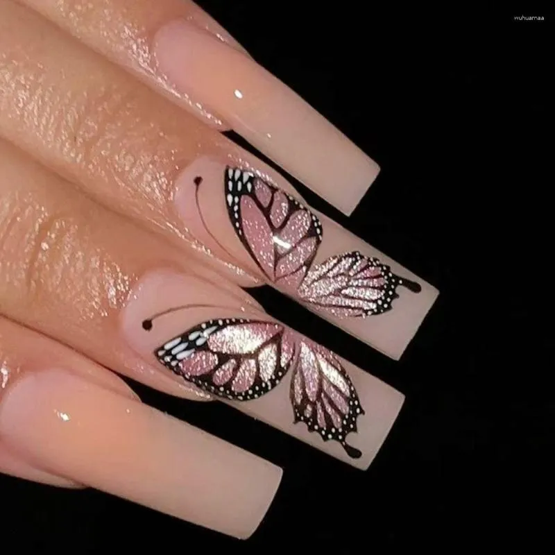 Kunstnagels Lange vierkante chrysant Kersenbloesem Vlinder Druk op afneembare volledig bedekkende nageltips DIY