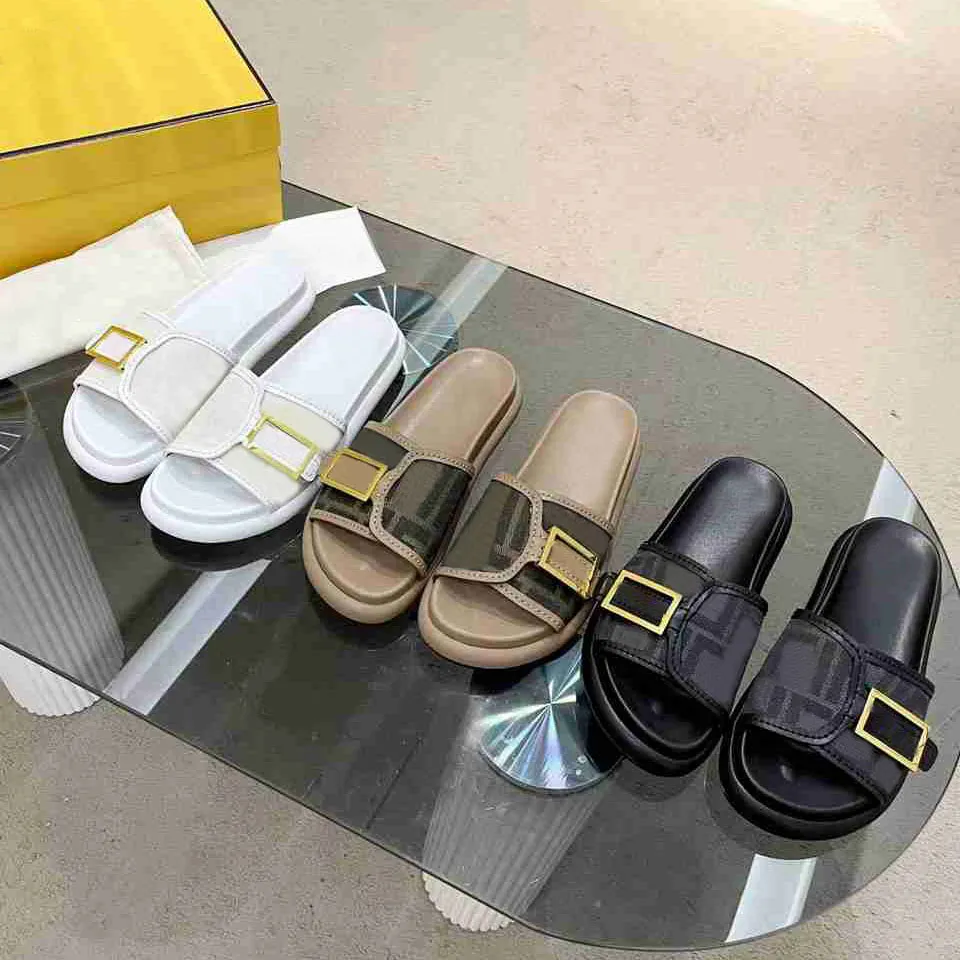 Designer F modello diapositive in tessuto moda muli in pelle di lusso uomo donna sandali tacco piatto confortevole pantofola da esterno in pelle stampata bottoni in metallo scarpe 35-45