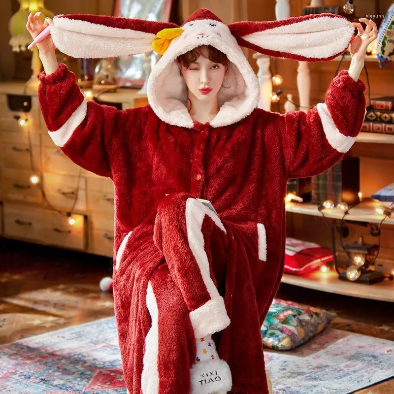 女性用スリープウェア冬のフランネルパジャマセット女性用フード付き耳式暖かいかわいいルーズパジャマスーツローブローブセット