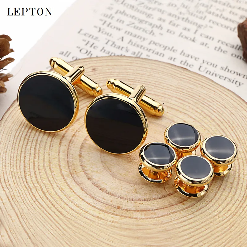 Boutons de manchette Boutons de manchette ronds en émail noir Ensembles de goujons de smoking Ensembles de haute qualité Couleur or plaqué Bijoux pour hommes Boutons de manchette de mariage d'affaires 230909