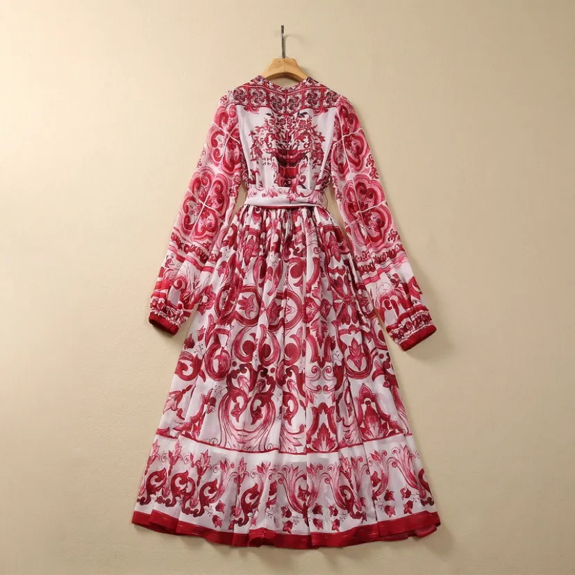 2023 Red Paisley Print Belted Chiffon Front Split Dress Lång ärm Runda hals Midi Casual Dresses S3Q060705 Plus Size XXL