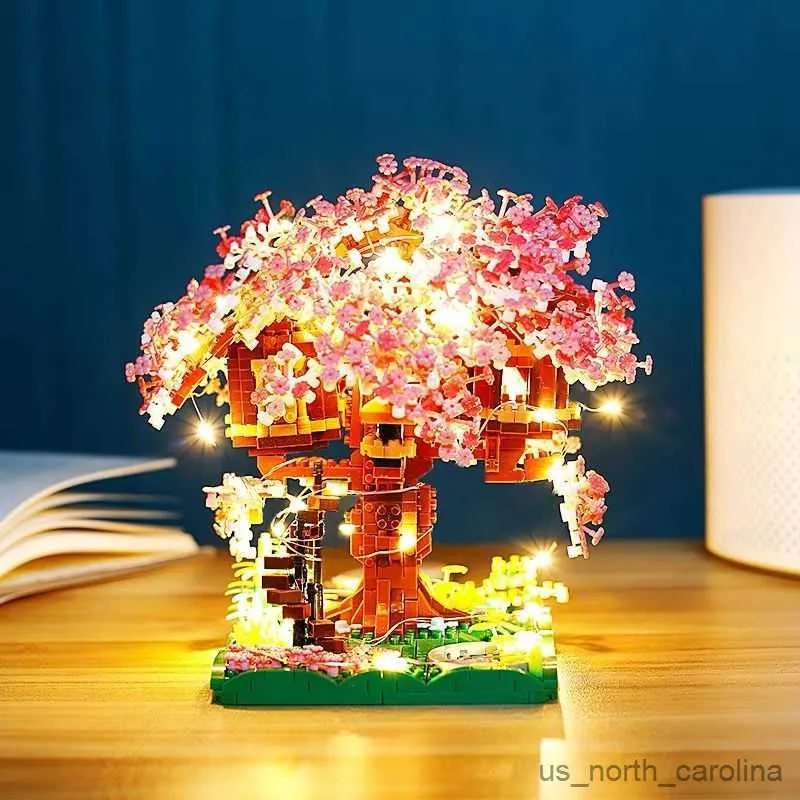Blocks Sakura Flower Treehouse DIY Model Micro Building Block Indoor Decorations Creative Street Cherry Blossom Kid Toy Gift R230911