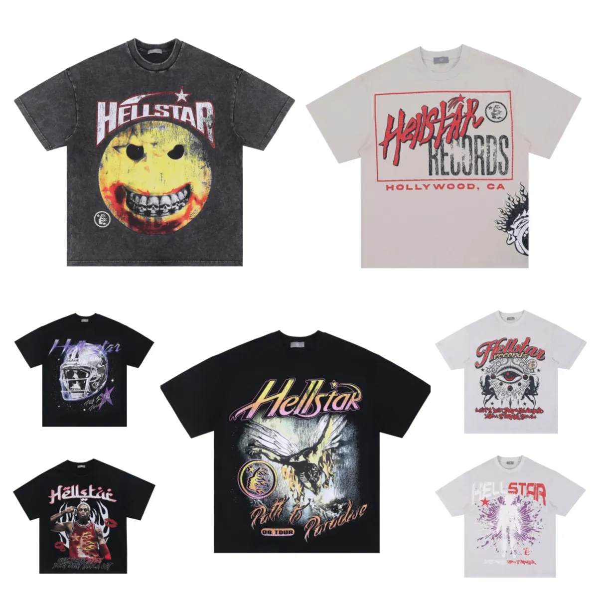 Hellstar Sweats à capuche Chemises de créateurs Hommes Sweat à capuche ample T-shirts High Street T-shirt Rappeur Wash Gris Heavy Craft Unisexe À Manches Courtes Femmes Pull T-shirts Tops