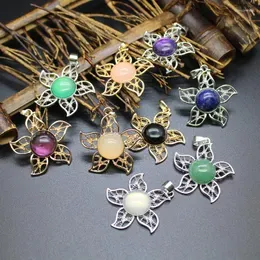 Pendant Necklaces Cute Flower Natural Crystal Stone Pendants Round Cabochon Charm Agates Lapis Amethysts For Women Necklace Jewelry Making