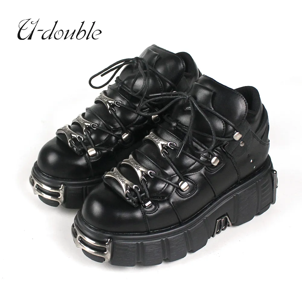 Laarzen UDOUBLE Merk Punk Stijl Vrouwen Schoenen Laceup hak hoogte 6 CM Platform Vrouw Gothic Enkel Metalen Decor Sneakers 230911