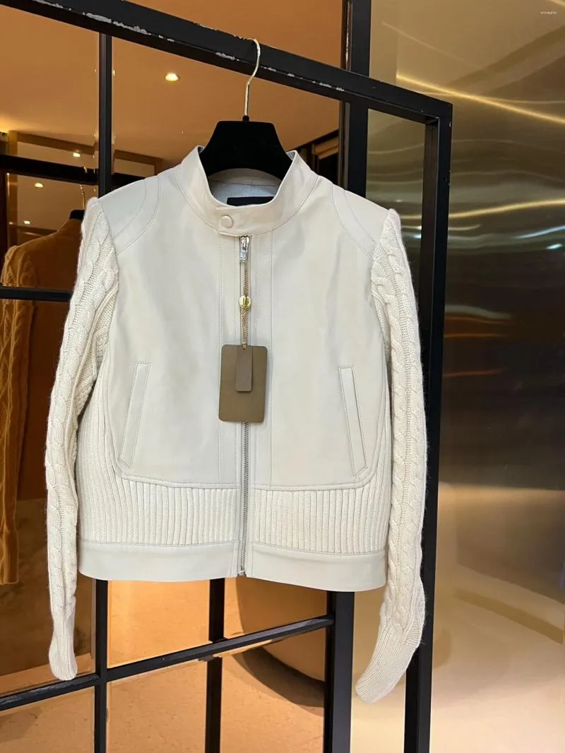 Femmes en cuir véritable femmes automne hiver noir blanc en peau de mouton col montant épissé tricoté manches manteau polyvalent Cool Lady vêtements