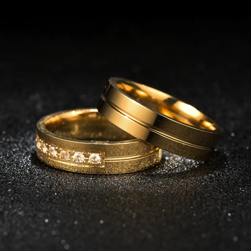 Atualização ouro aço inoxidável groove anel de noivado anéis de casamento banda masculino feminino diamante moda jóias