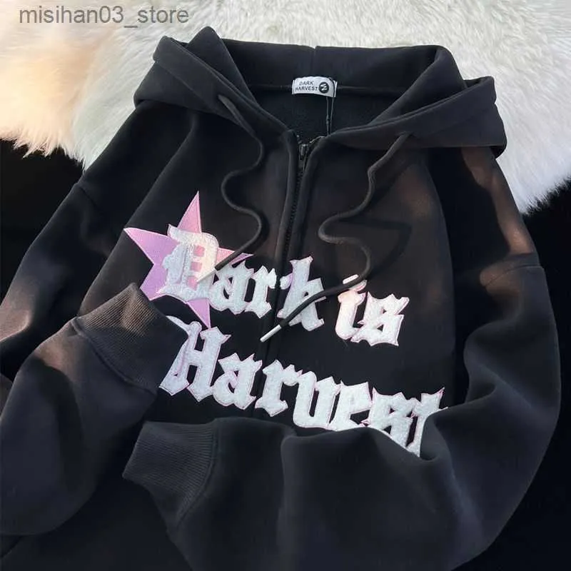 Hoodies dos homens moletons super solto estrela patch carta de trabalho hoodie feminino inverno quente grosso kawai casaco casal harajuku blusão moletom q230911