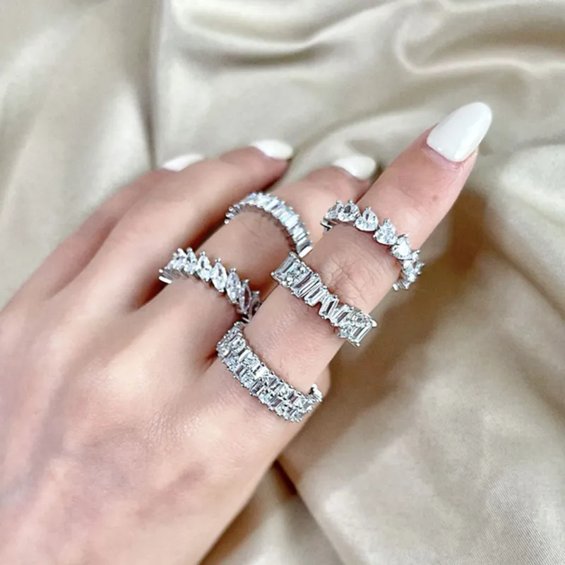 رفاهية S925 Sterling Silver Wedding Rings للنساء White 5A Zirconia Cubic Love Dianond Heart Square Bride Enging Enginger Designer Jewelry Size 5-10 Gift