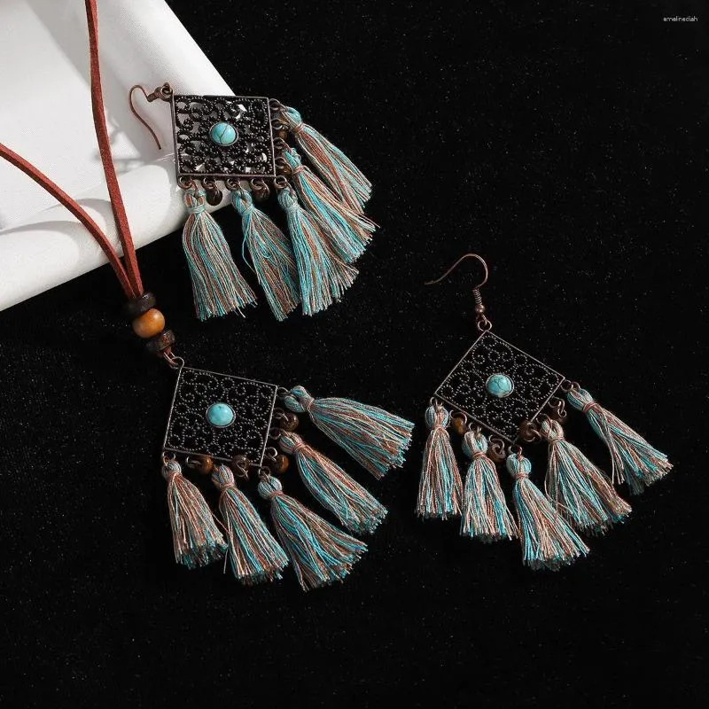 Halsband örhängen set vintage geometrisk tofs ihåliga smycken naturliga turkoisar hängsläder rep för kvinnliga flickor smycken