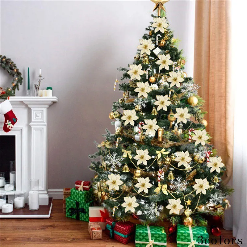 Decoraciones navideñas 120 piezas Flor de Navidad artificial Dorado Rojo DIY Árbol de Navidad Guirnalda Decoraciones para fiesta Decoración del hogar Navidad Noel Año 230911