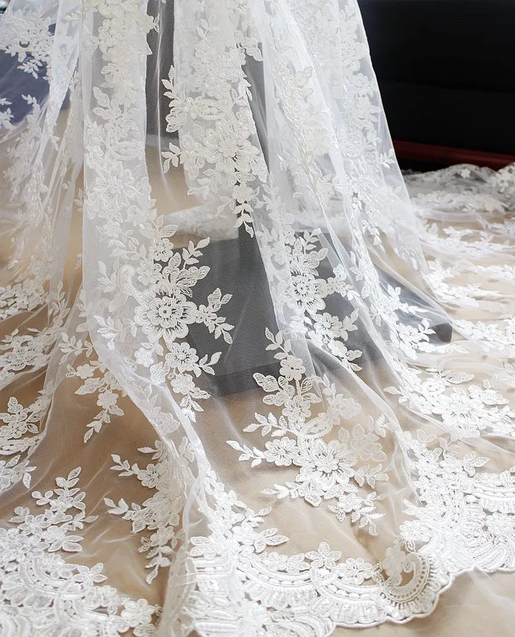 White French shiny vintage lace embroidery fabric with sequins wedding dress gauze clothing materials DIY accessories Lace fabric T037