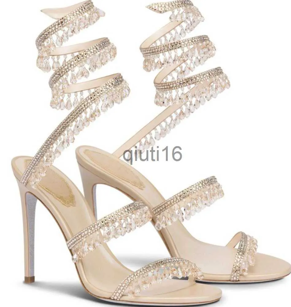 Klädskor sandaler r caovilla bröllop klänning sandal kvinnor höga klackar skor romantisk lady ljuskrona naken stilett smycken sandalier ankel strap diamantinsatser x09