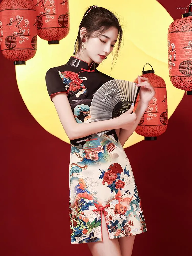 Etnisk kläder kinesisk orientalisk klänning röd svart vintage cheongsam år flickor qipao aftonklänningar stil topp cheongsams traditionell