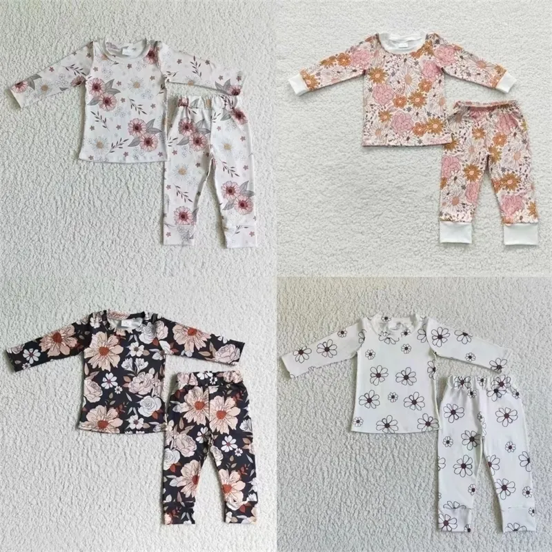 Kleidungssets Großhandel Kinder Langarm Blumen T-Shirts Tops Hosen Nachtwäsche Kinder Outfit Kleinkind Pyjamas Baby Mädchen Nachtwäsche Set 230909