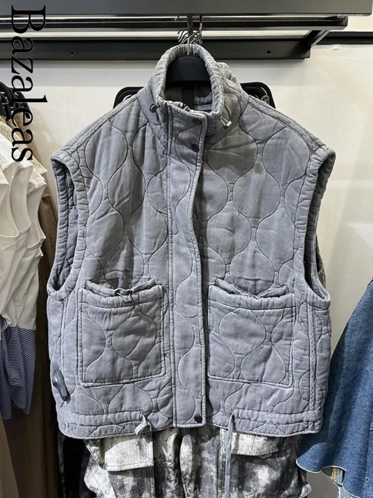 Gilets pour femmes Bazaleas Automne Fermeture à glissière sans manches Femme Gilet rembourré Mode d'hiver Femmes Poche Parkas Veste en coton Zevity