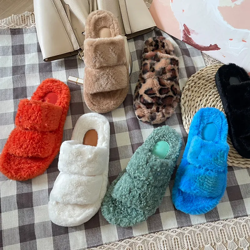 Plattform Wool Slippers Fluffy Fur Slides Designer Women Winter House Slipper Warm Plush Thick Sole Womens Sliders Fashion Outdoor Shoes Storlek 35-42