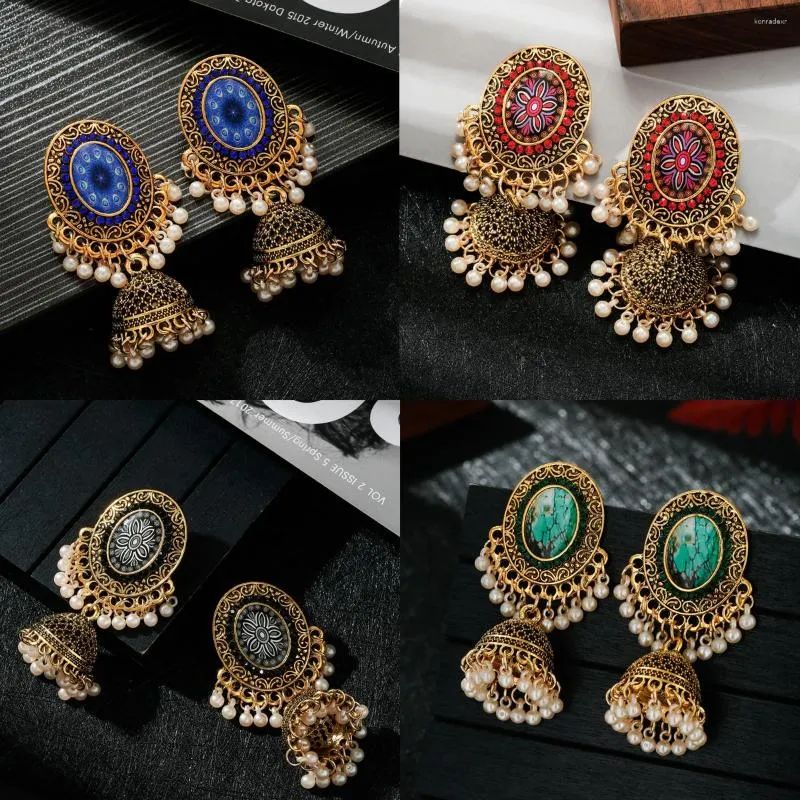 Dangle Earrings Classic Ethnic Blue Flower Jhumka For Women Vintage Boho Jewelry Gold Color Bell Tassel 2023