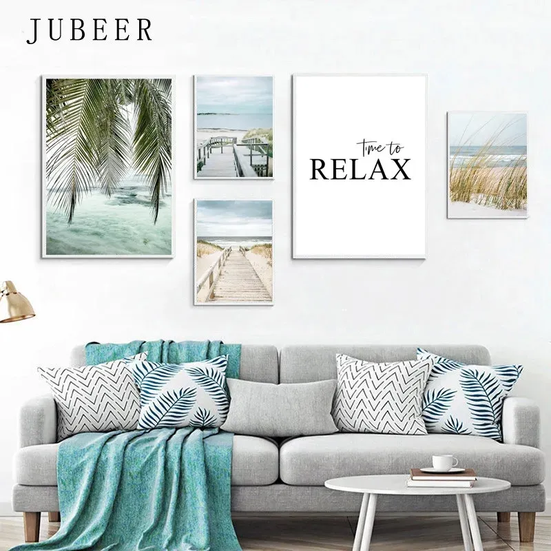 Spiaggia Mare Oceano Poster Wall Art Tela Pittura Ponte Foglie Tartaruga Gabbiano Stampa Vibrante Immagine estiva Decorazione domestica nordica L01