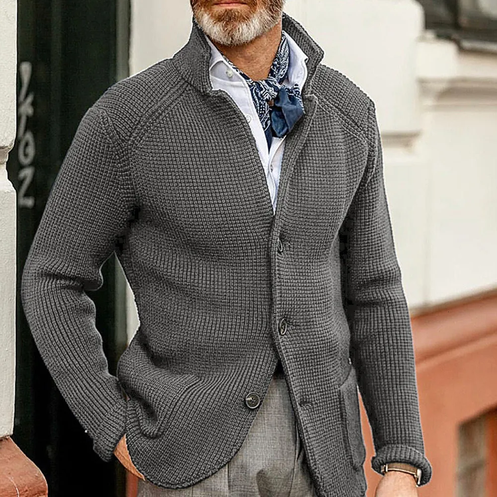 Mens Knitted Cardigan Coat, Formal Single-Breasted Sweater Blazer