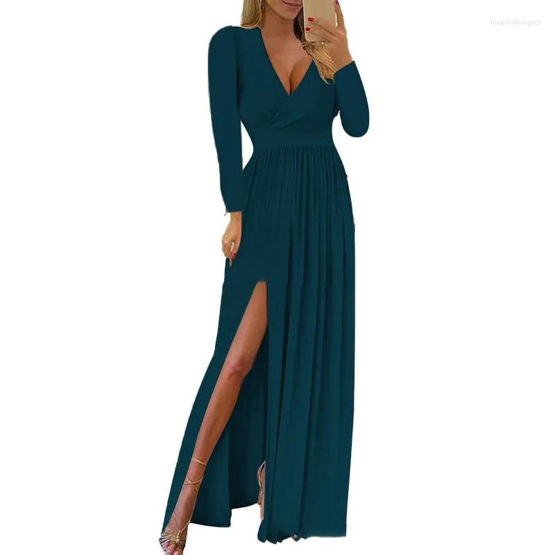 Casual Dresses Autumn European och American Women's V-Neck Solid Color midja Split Fashion High Dress