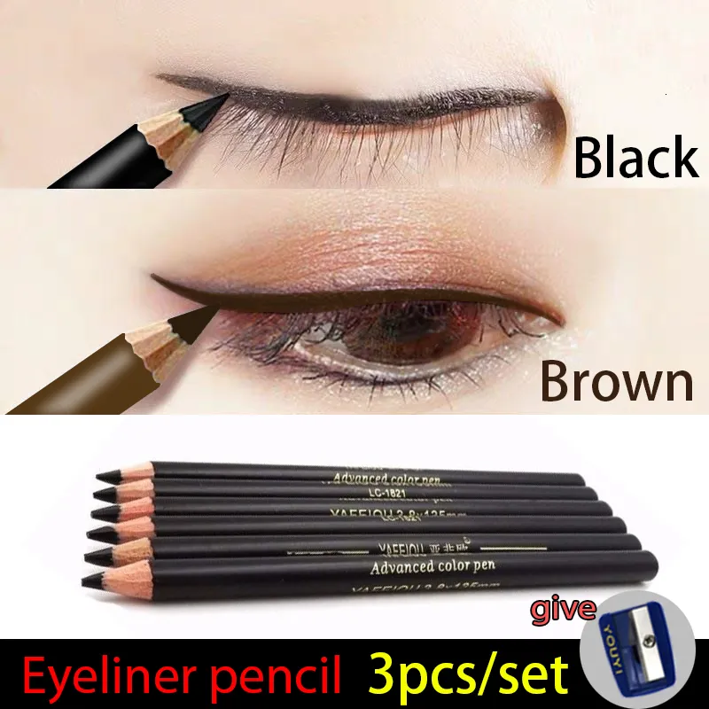 OogschaduwLiner Combinatie 3 stuksset Eyelinerpotlood Houten Puntenslijper 10MM Ultrafijn Waterdicht Langdurig Zwart Bruin 230911