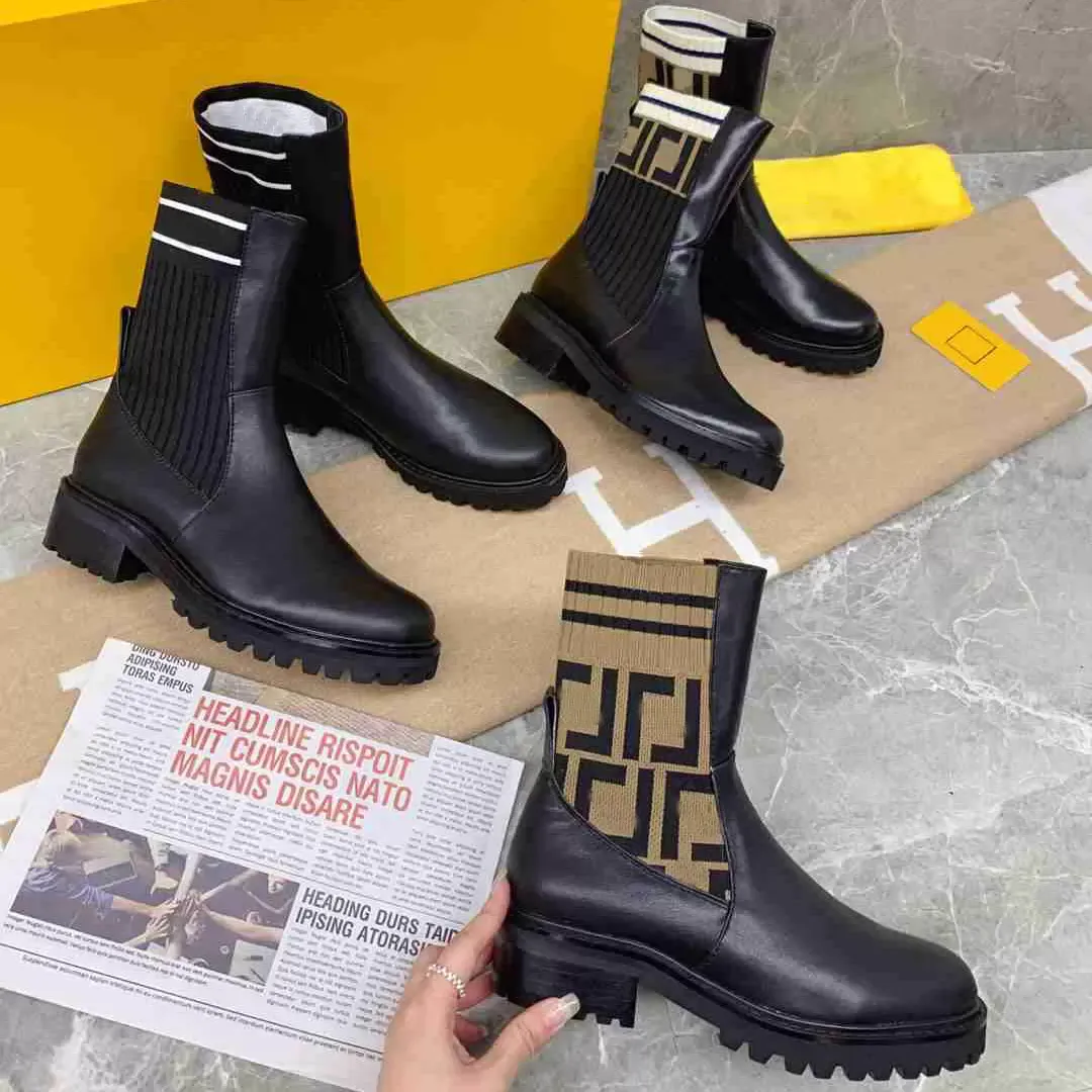 Designer Rockoko Boots Women Combat Ankle Martin Boot Brand Leather Biker Knit Stretch Fabric Shoes Winter Platform Mid-Top Boot