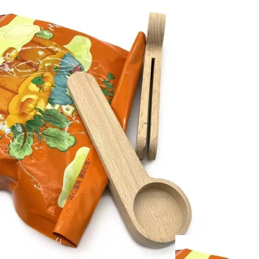 Wooden Bamboo Coffee Scoop With Bag Clip Solid Beech Wood Measuring