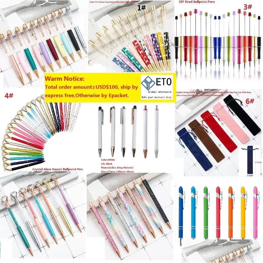 Ballpoint Pens Wholesale Sublimation Creative Diy Big Empty Tube Metal Pen Self-Filling Floating Glitter Dried Flower Crystal Studen Otmun