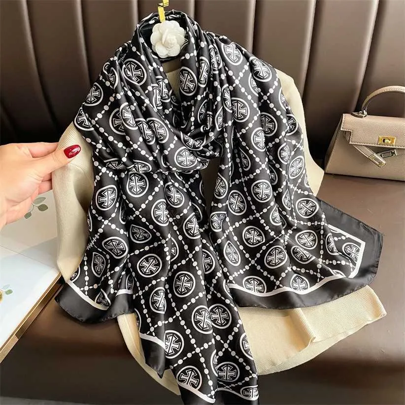 СКИДКА 12% на шарф New Lijin Forged Long с шелковым шарфом с принтом в форме сердца венчика. Универсальный роскошный стиль. Высококачественная атласная поверхность и накладка на шаль.