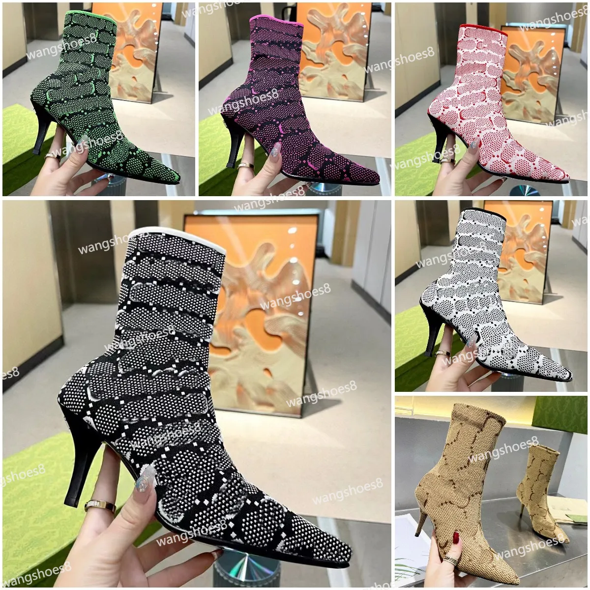 Dzianinowe buty designerskie wiosenne jesienne buty na średnim obcasie na wysokim obcasie w butach farba z podsiecią podsieci węża ze skóry skórzane buty na zewnątrz kobiety botki skarpetki