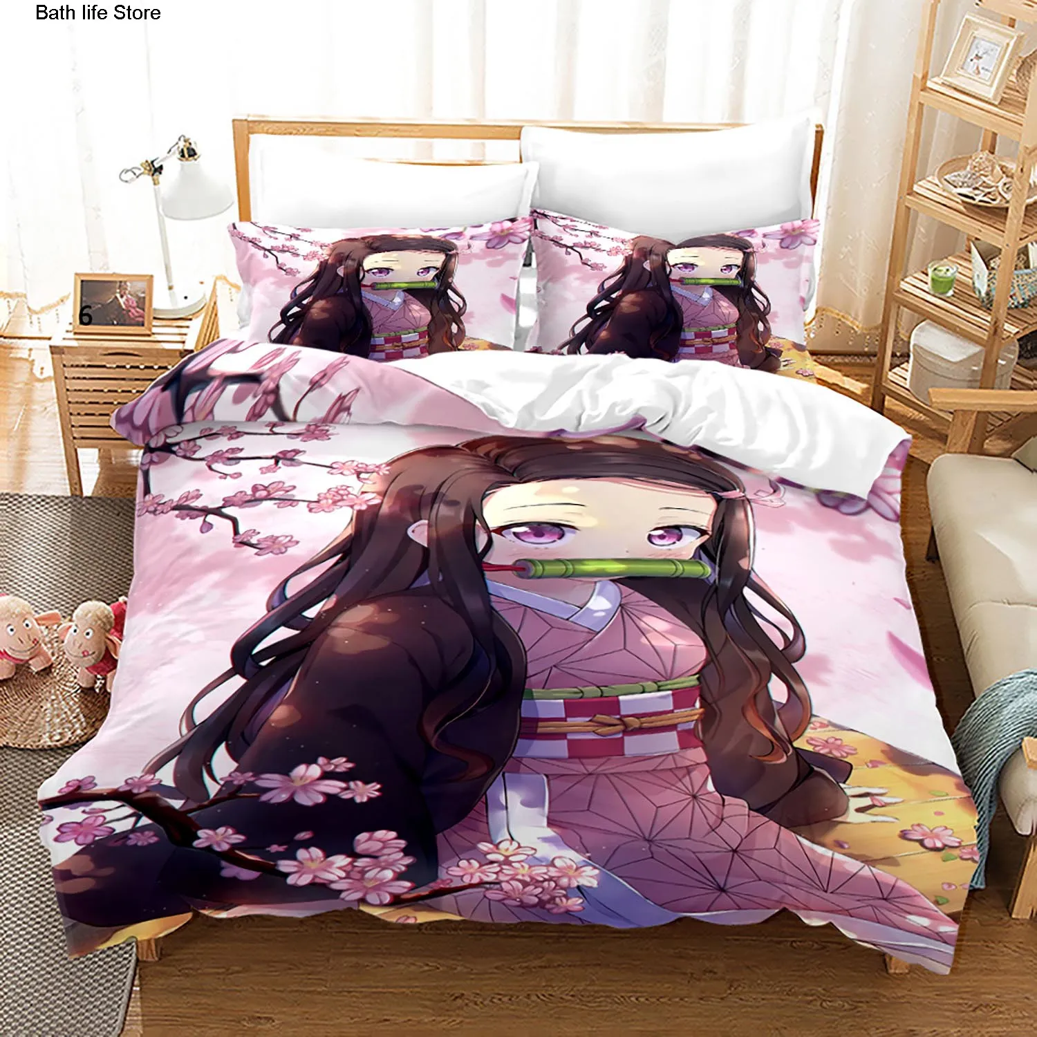 Beddengoedsets Nezuko Kamado beddengoedset Anime Demon Slayer Dekbedovertrek Trooster Beddengoed Twin Volledige Queen Size 3D Kinderen Meisje Jongens Cadeau 230909