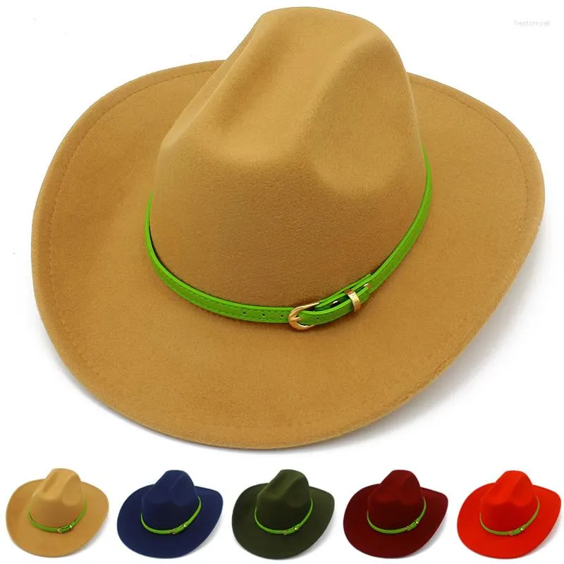 Basker fedora hattar kvinnor män trilby caps ull fedoras cowboy jazz hatt lady cap file flower grönt läder bälte