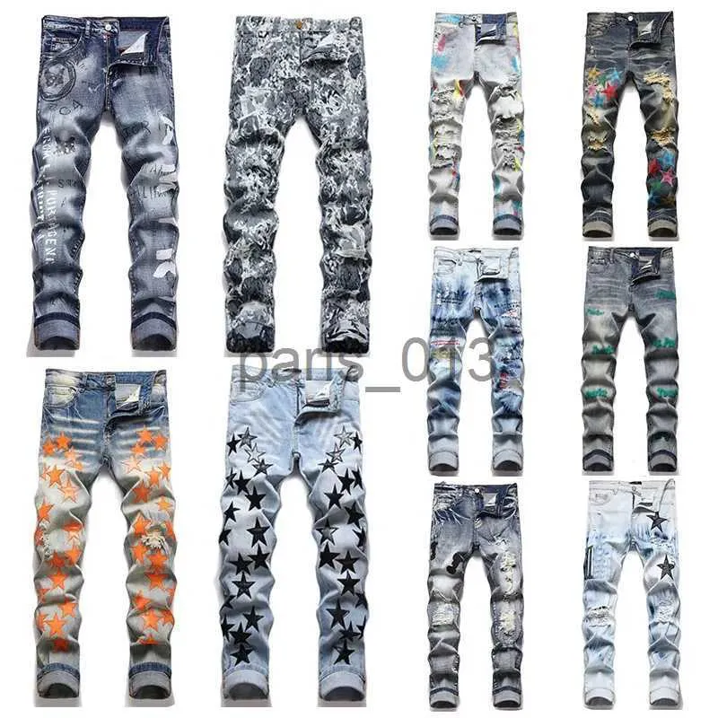 Herr jeans män designer jeans broderi hip hop joker denim pants män trasiga hål lapp elastiska smala fötter blyertsbyxor x0911