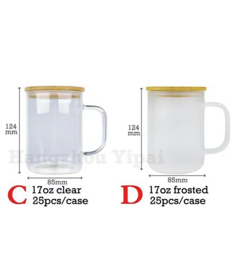 25pcs 17oz Sublimation Glass Cups With Handle Frosted Clear Camper