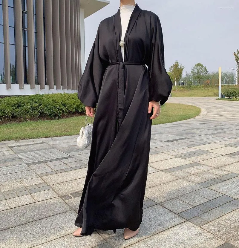 Ethnic Clothing Plain Abaya Women's Muslim Robe Dubai Fashion Puff Sleeves Cardigan Dress With Belt Middle East Lady Simple Costume Arab
