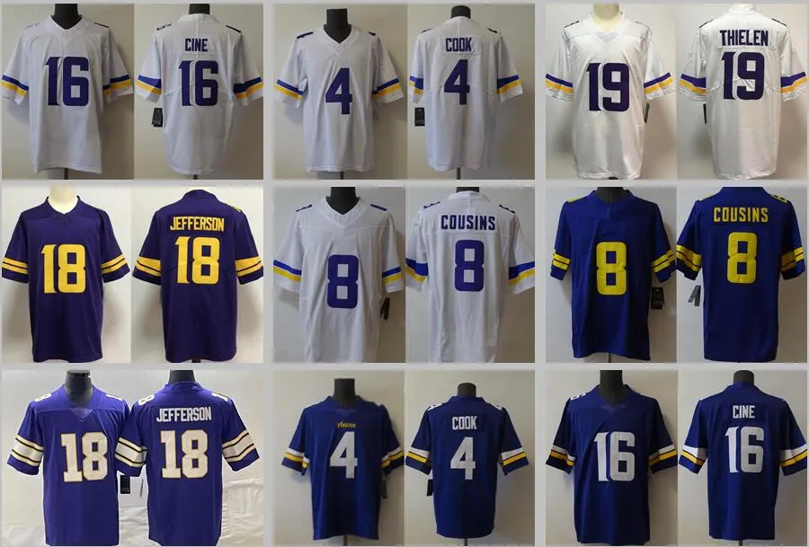 18 Justin Jefferson Maillots de football cousus 16 Lewis Cine Dalvin Cook Adam Thielen 8 Cousins Hommes Femmes Jeunesse S-3XL maillot à domicile