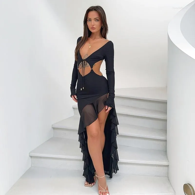 Casual Dresses Women's Dress 2023 Trendy Long Sleeve Midi Robe Black Elegant Party Prom Evening Sexy Cocktail Ruffle Cutout Backless