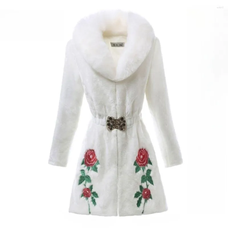 Casaco de pele feminino de comprimento médio coreano fino imitação de vison com gola flor bordado feminino outono inverno quente oversized