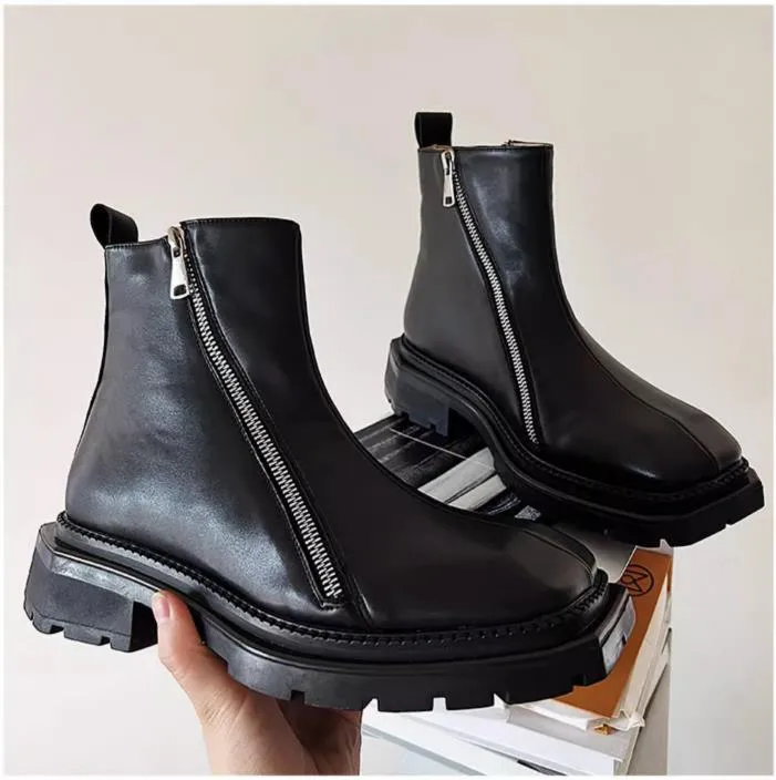 Bottines à bout carré pour hommes, bottes de moto à plateforme avec fermeture éclair, bottes courtes en cuir fendu, mode Streetwear pour garçons, bottes de fête 38-45