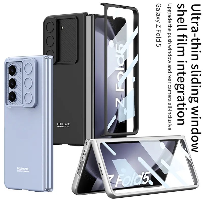 Luxury Push Window Tempered Film Vogue Phone Case för Samsung Galaxy Z Folding Fold5 5G Hållbart fullt skyddande mjukt fasta färgmembranfoldskal stötsäkerhet