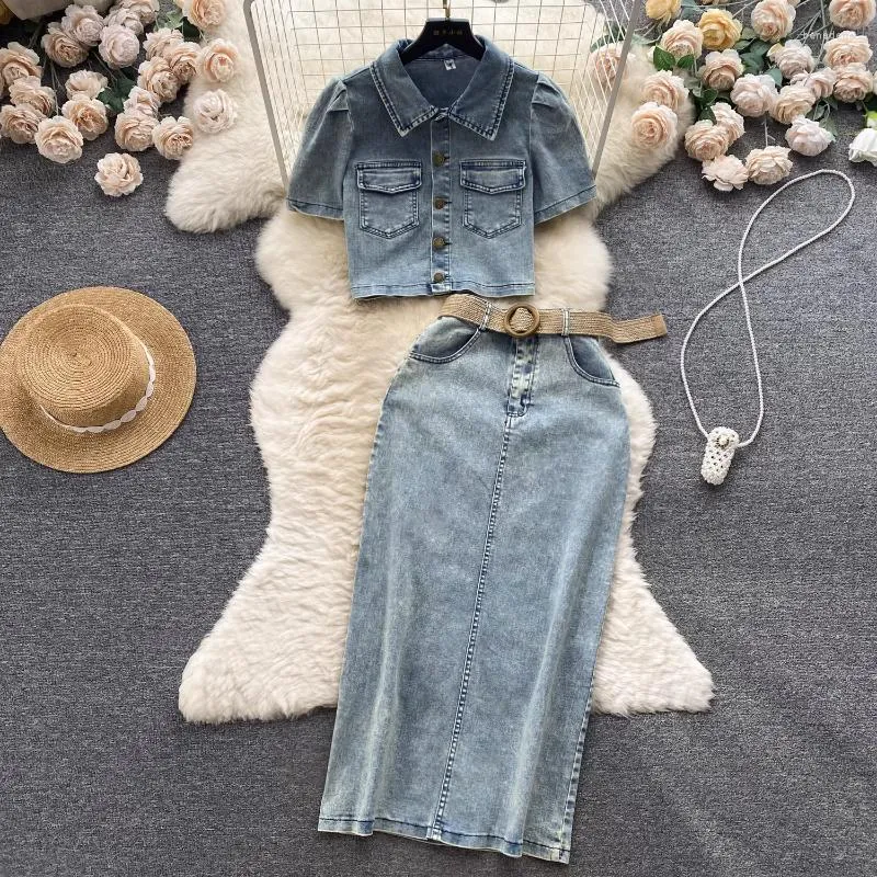 Work Dresses Two Piece Skrits Sets Denim Pokets Summer Women Outifit Jeans Turn-down Collar Vintage 2Pieces Skirt Set Korean Fashion
