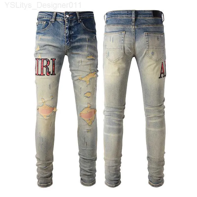 Mens Jeans 2023New Designer Mens Jeans Hiphop Moda Zipper Buraco Lavagem Jeans Calças Retro Rasgado Dobra Costura Homens Design Motocicleta Equitação Cool Slim Calça Jeans Roxo F